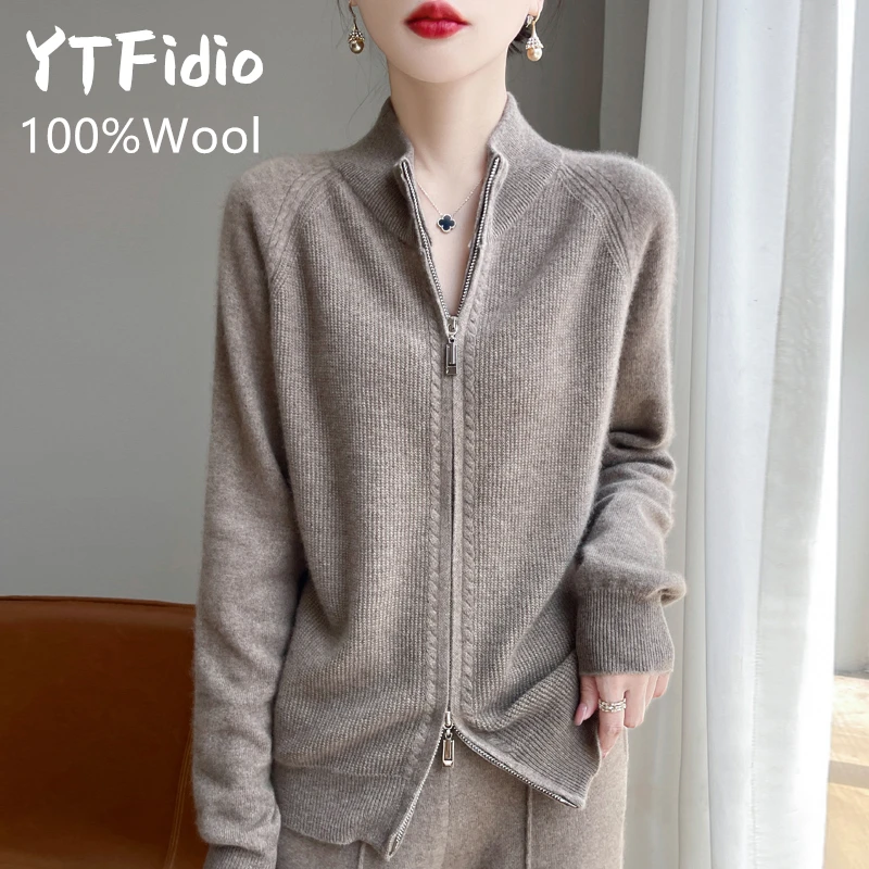 YTFidio ขนสัตว์ 100% ผู้หญิงซิปเสื้อกันหนาวถักเสื้อกันหนาวคอเต่าซิปเสื้อสเวตเตอร์ถัก Casual หลวมด้านบนเสื้อกันหนาวหนา 171