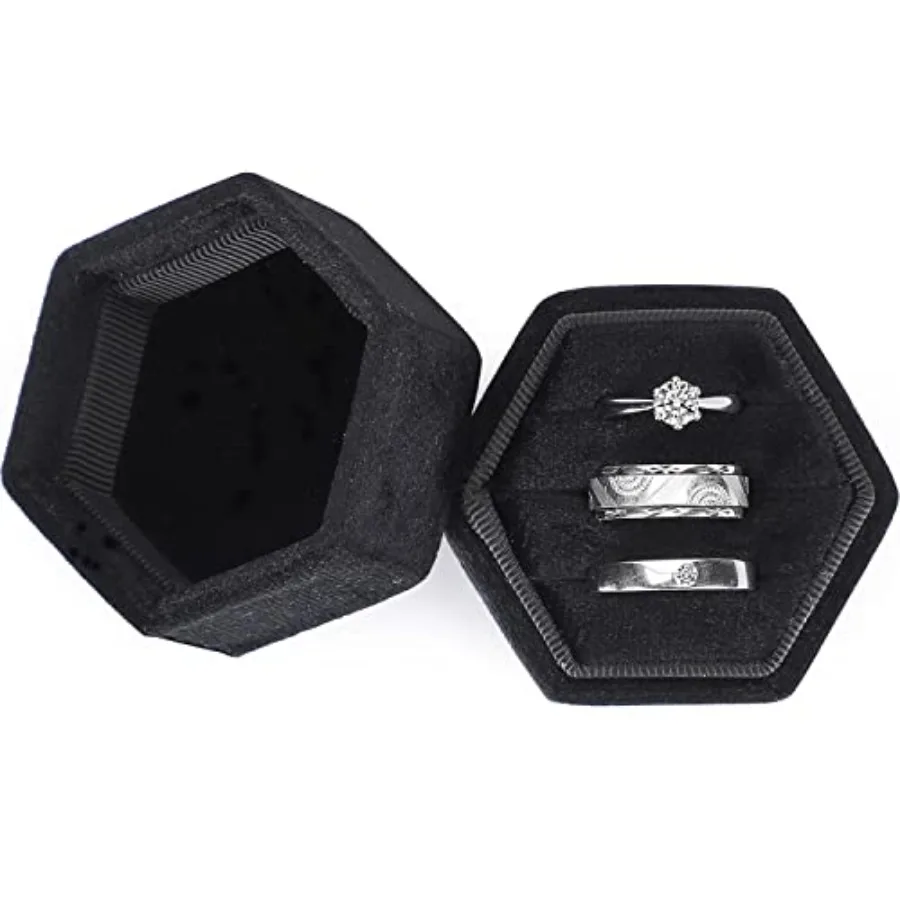 Velvet Jewelry Ring Box, 3 Slots Hexagon Ring Gift Box Vintage Ring Display Holder Case for Wedding Ceremony Proposal Engagemen