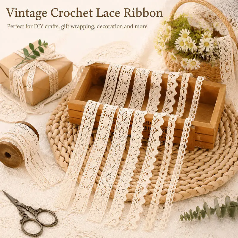 5M Baumwoll-Spitzenband Vintage Spitzenband Gehäkeltes Baumwollband mit Wellenkante für Braut-Hochzeitsdekoration DIY Handwerk Nähzubehör – Detail 1