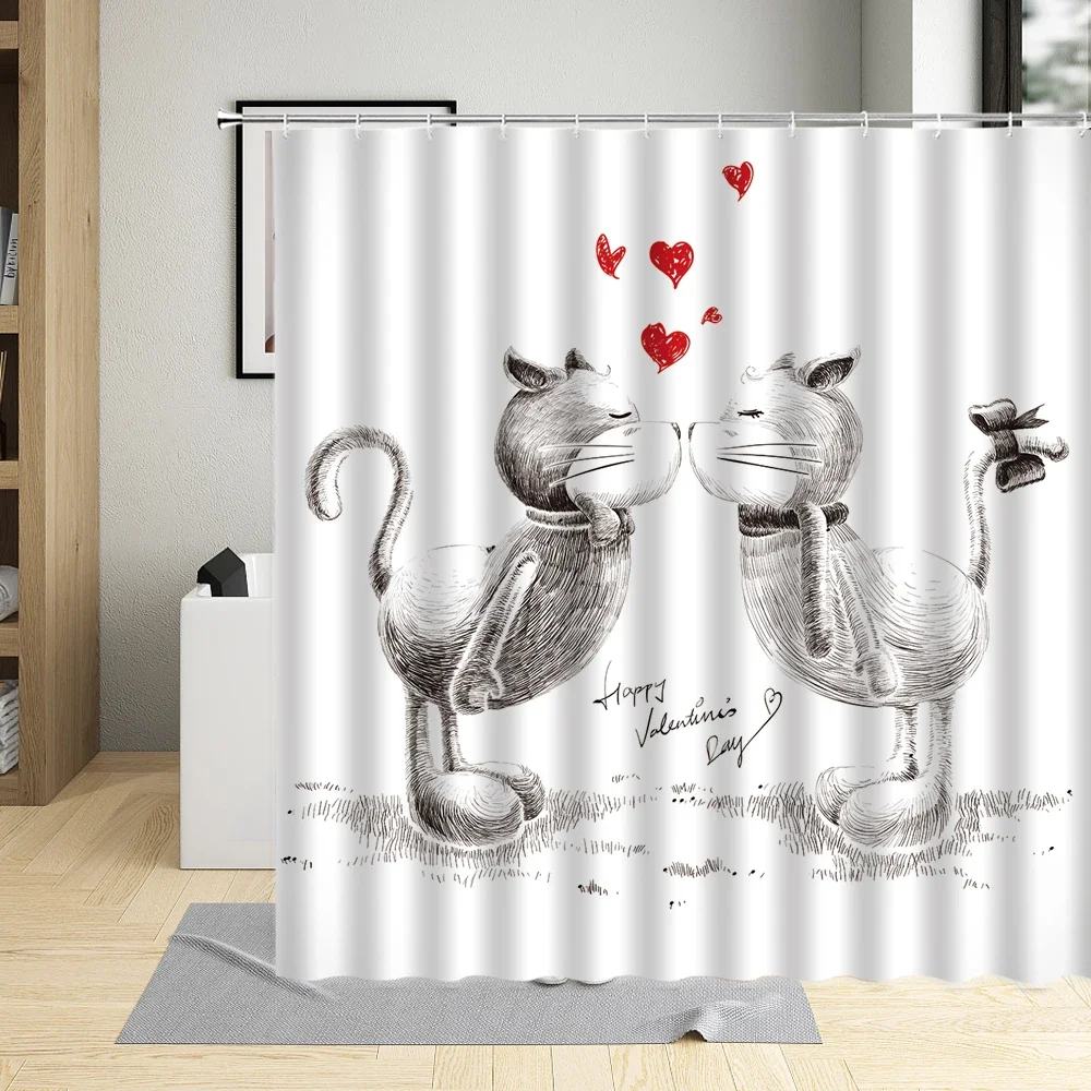 Cartoon Animals Romantic Cat DogsShower Curtain Lovely Elephant Hand Painted Pattern Background Bathroom Decorative Cloth Suit