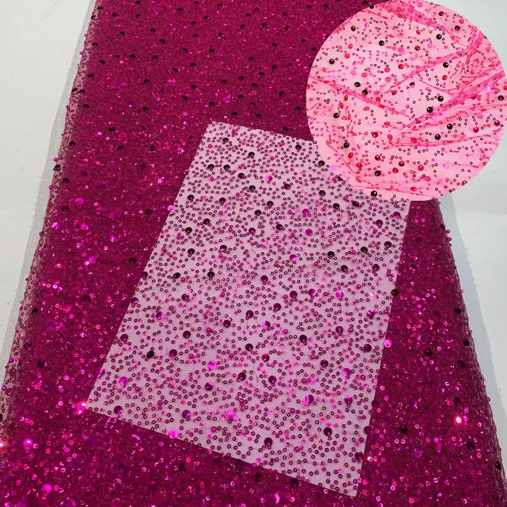 

African Sequins Lace Fabrics Fashion Nigerian Embroidery Beaded Tulle Lace Fabric High Quality For Sewing Cloth Party Dress