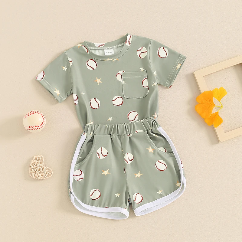 

EWODOS Toddler Boy Summer Outfit Baseball Print Round Neck Short Sleeve Tops and Elastic Waist Shorts 2Pcs Clothes Chic Cute Set