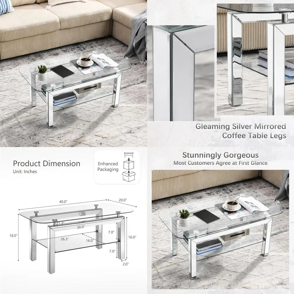 

Прямоугольный журнальный столик со стеклянной столешницей и серебряными зеркальными ножками для гостиной, современное гламурное 40-дюймовое закаленное стекло с закругленными углами
