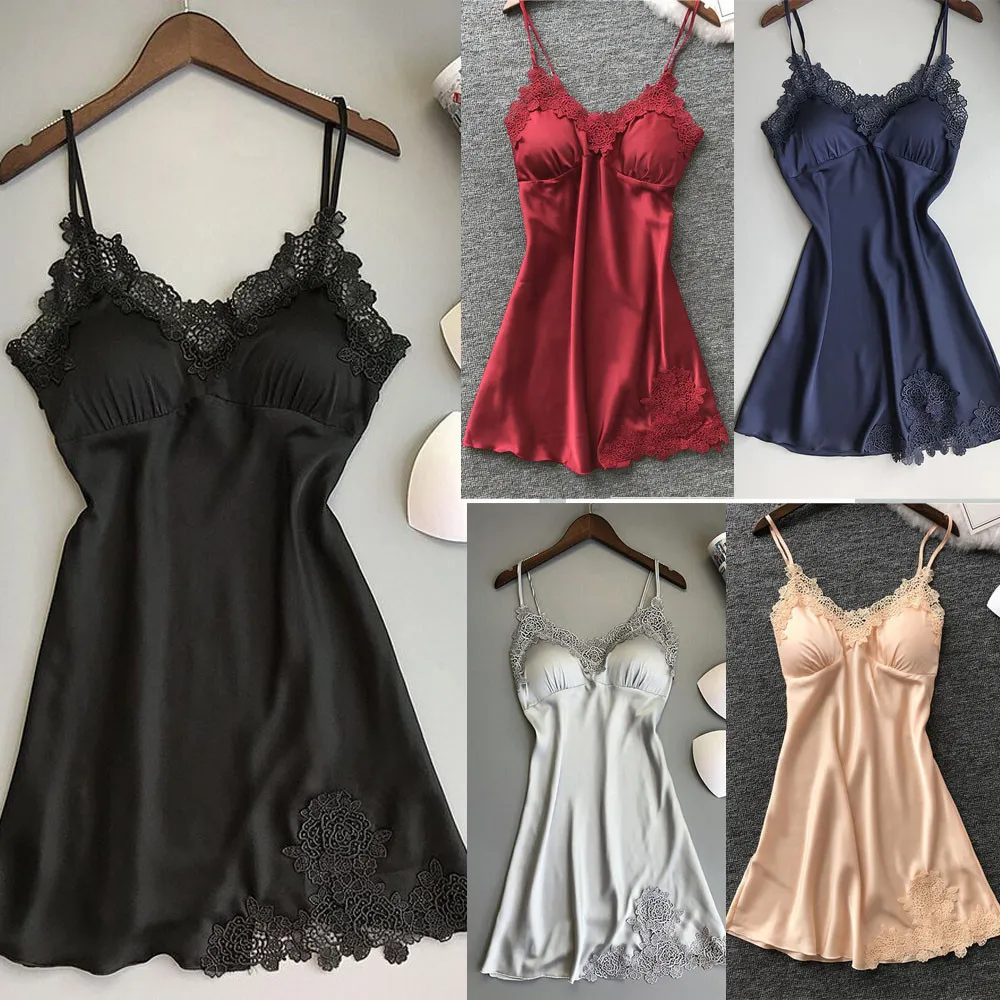 Ladies Sexy Lace Nightdress Sexy Slip Dress Sexy Solid Color Sexy Dress Sexy V-Neck Pajamas Mat Lace Underwear Nightgown