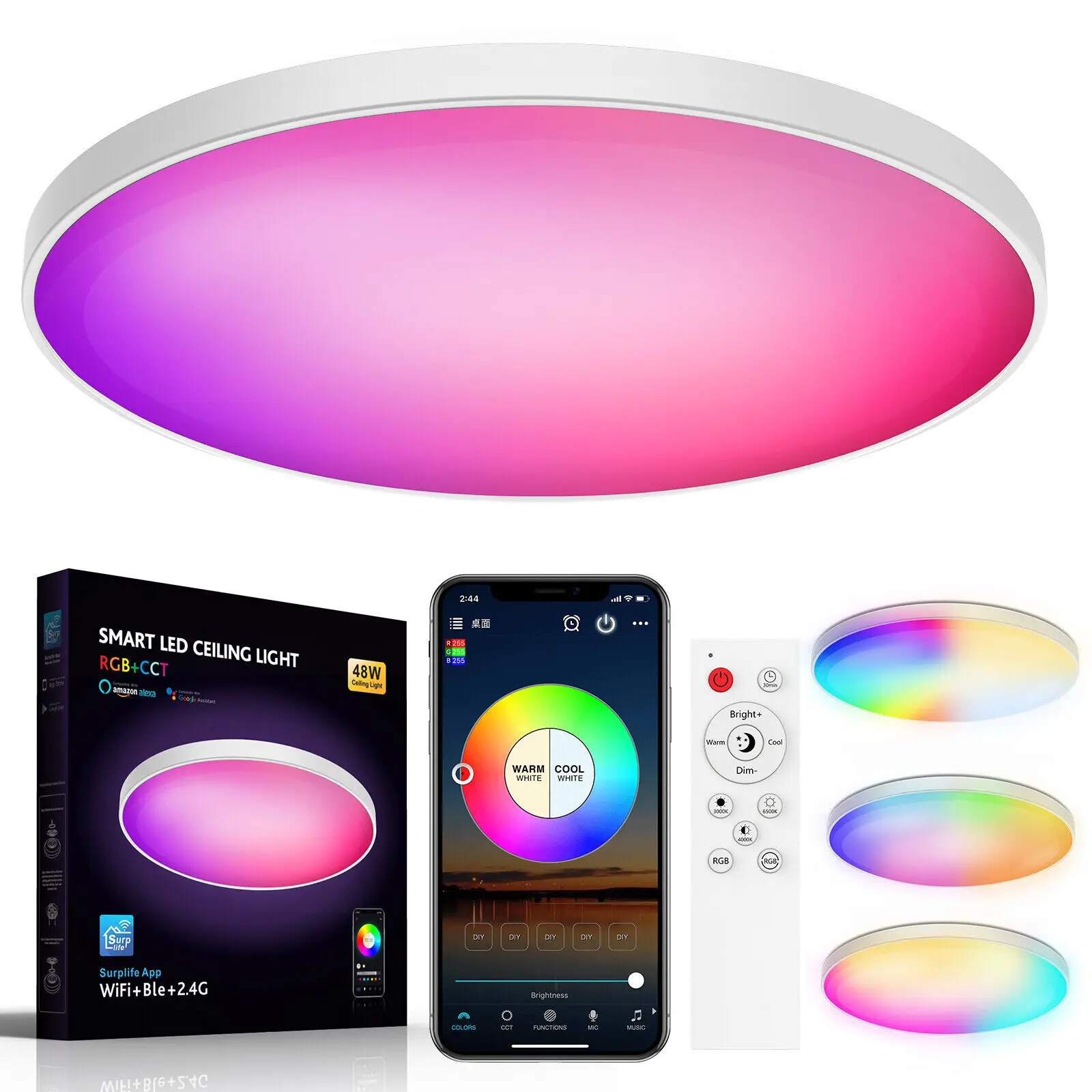 

RGB Flush Mount Smart Ceiling Light with Remote, Music Sync, Dimmable Led Ceiling Light , Compatible with Alexa & Google Home