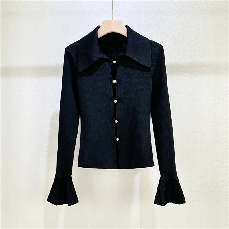 

2026 Spring New Women's Lapel Hollow-out Flared Sleeve Knit Cardigan High-Quality Fashionable, Sexy Elastic Slim Fit Base Layer
