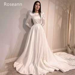 Customized Muslim High Quality Ivory O-Neck A-line Wedding Dresses Ruffle Button Belt Satin Full Bride Dresses robe de mariée