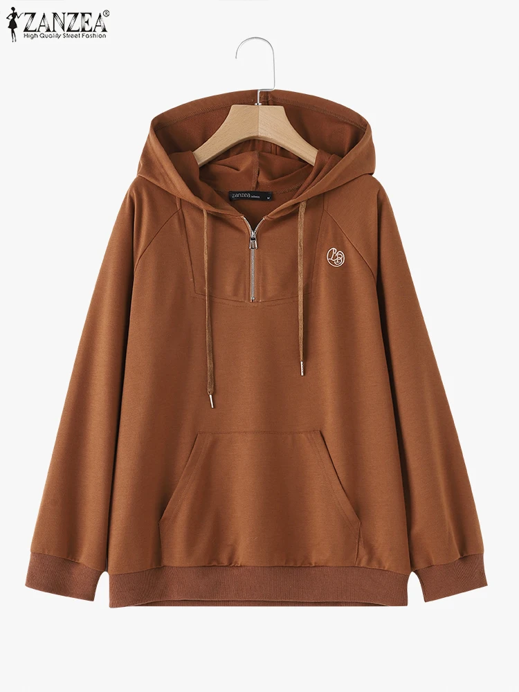 

ZANZEA большие размеры 5XL толстовки женские пуловеры на молнии с длинными рукавами толстовка повседневные с капюшоном и карманами верхние пальто джемпер