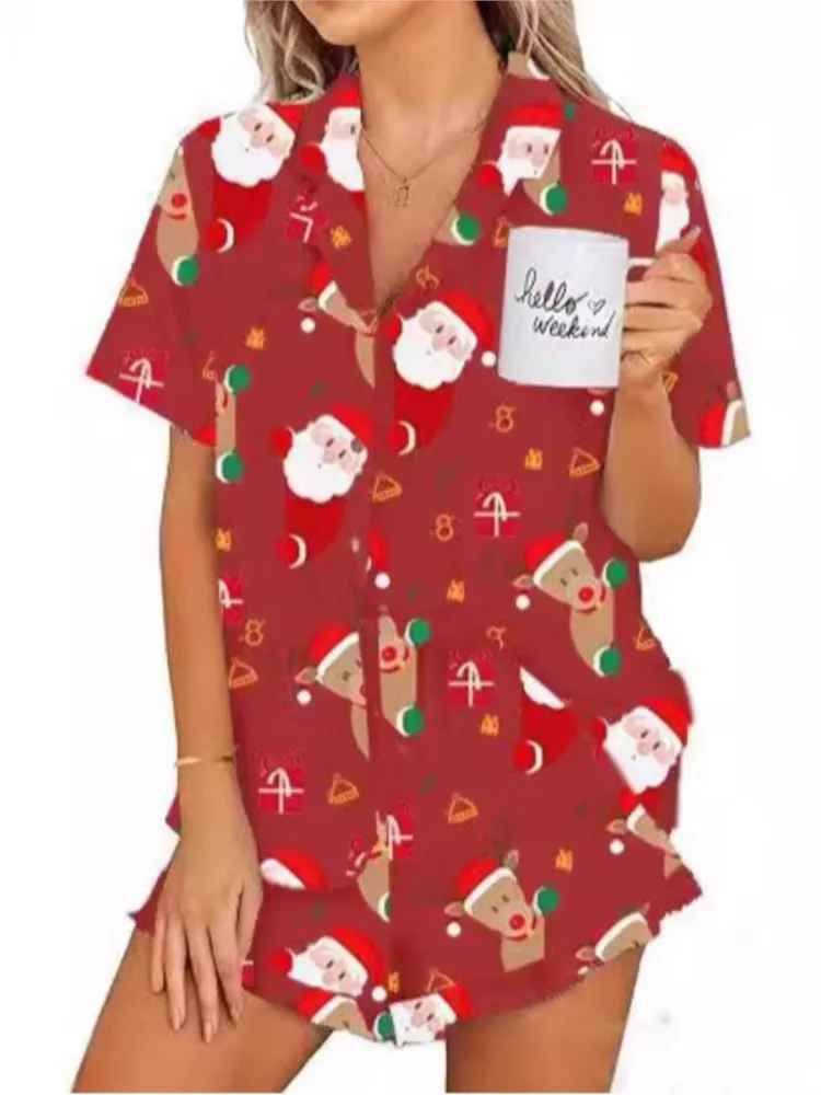 Novo conjunto de pijama casa wear feminino natal impresso duas peças de manga curta conjunto moda solta casual duas peças roupas mulher