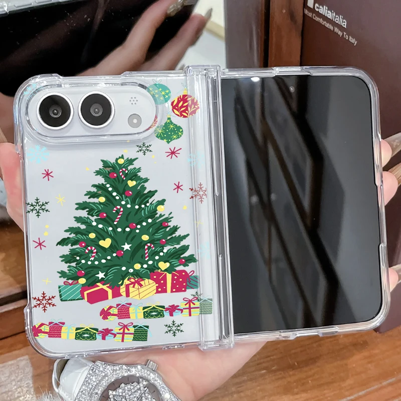Coque de téléphone à motif sapin de Noël pour iPhone Duo, transparente, pliable, avec protection renforcée, pare-chocs en acrylique, protection de charnière, coque arrière rigide en PC.