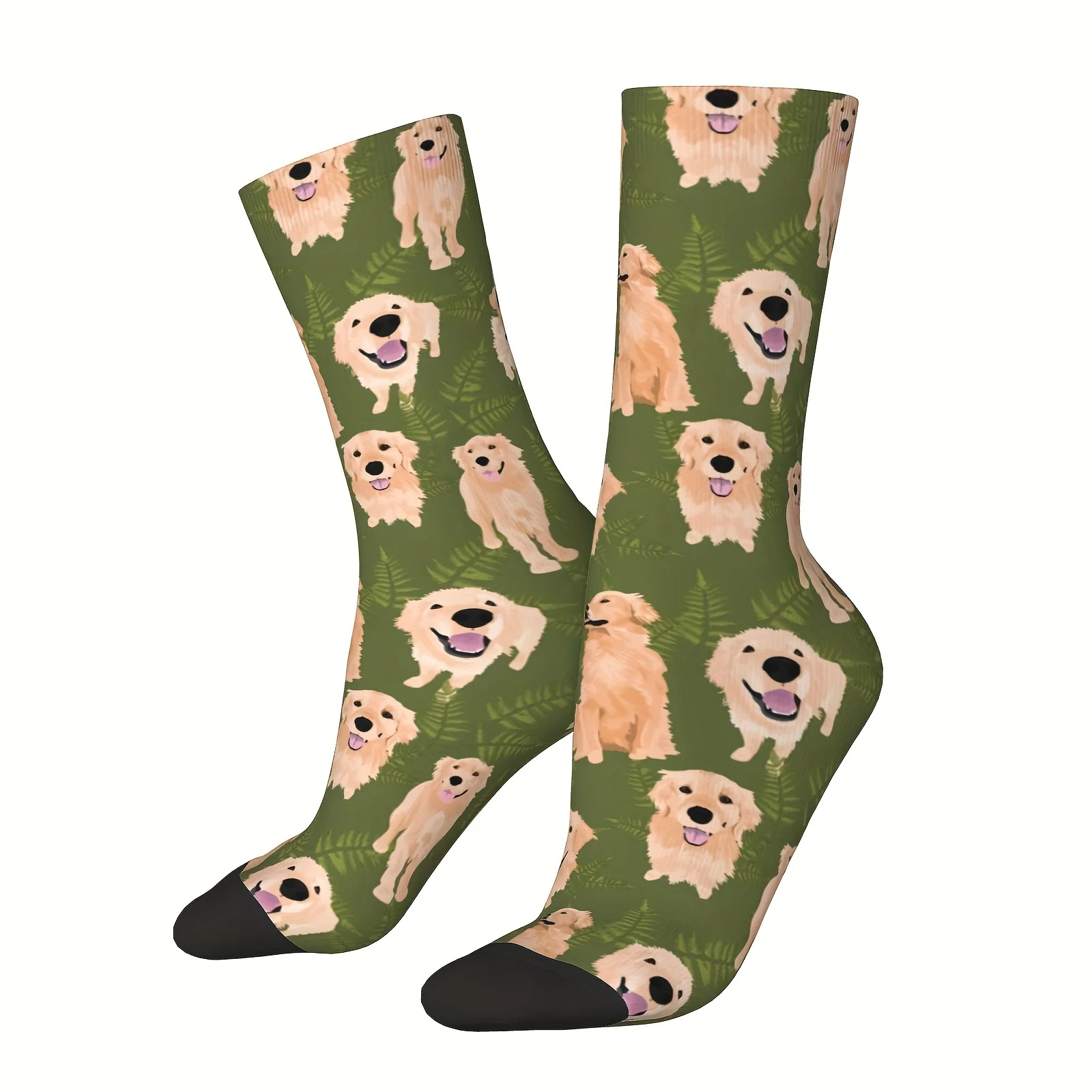 

Quirky, Golden Retrievers & Ferns Print Crew Socks for Men - Hip Hop Style, Comfortable Polyester Blend, Perfect Casual Gift