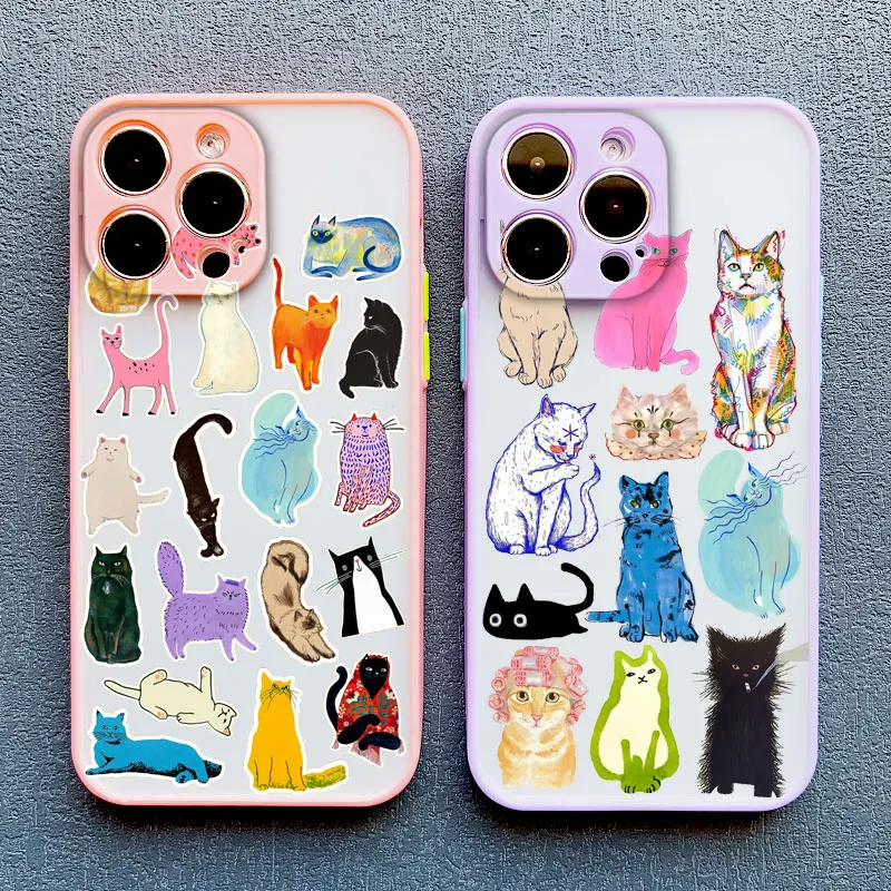 

Cute Cartoon Cat Phone Case For iPhone 17 16 15 11 12 14 13 Pro Max Mini X XS XR 7 8 Plus SE Shockproof Hard Matte Cover Fundas
