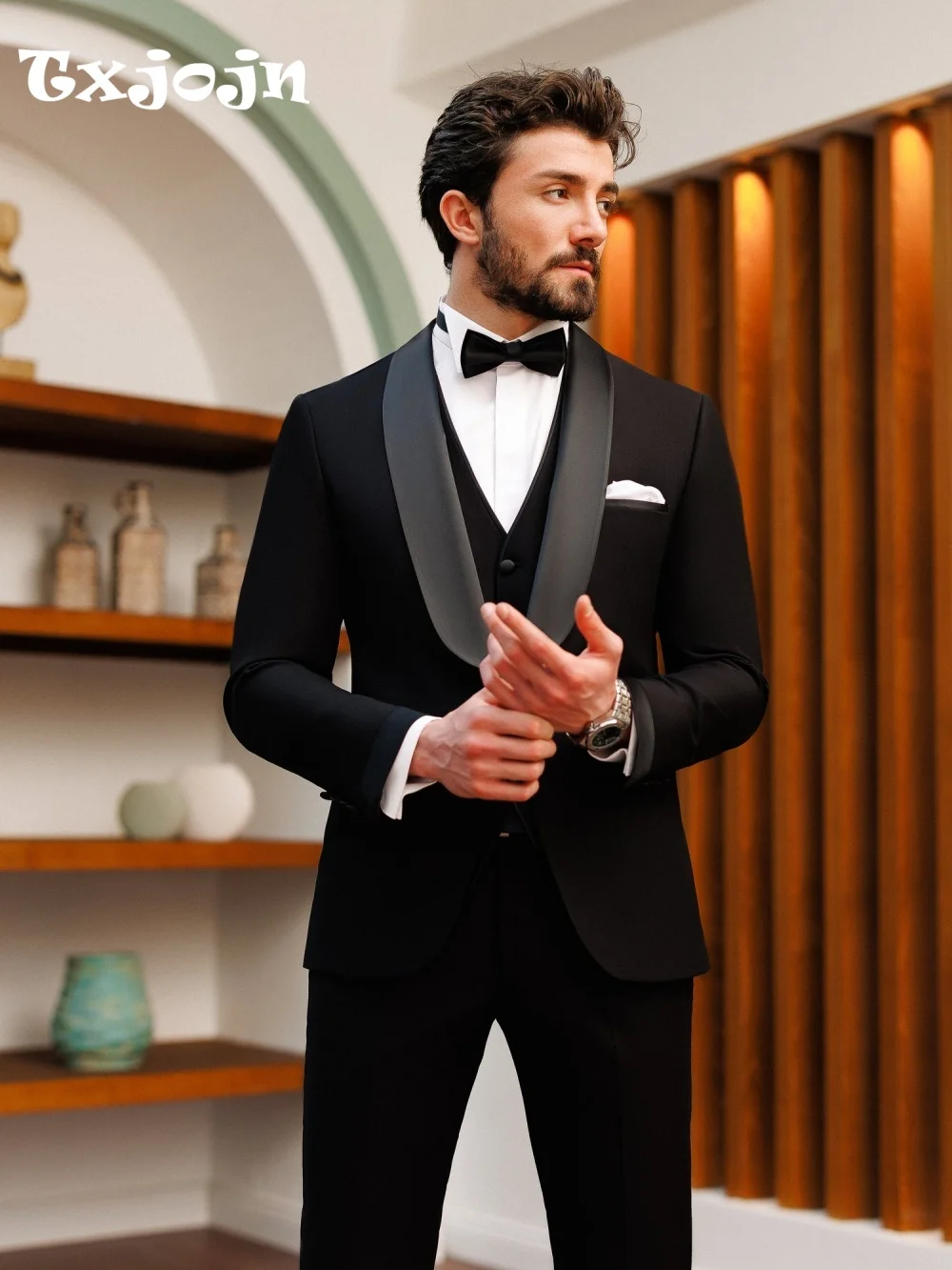 طقم بدلة رجالية كلاسيكية سوداء لبدلة الزفاف أنيقة واحدة الصدر سترة السراويل أنيقة رجال الأعمال رفقاء العريس سهرة رسمية