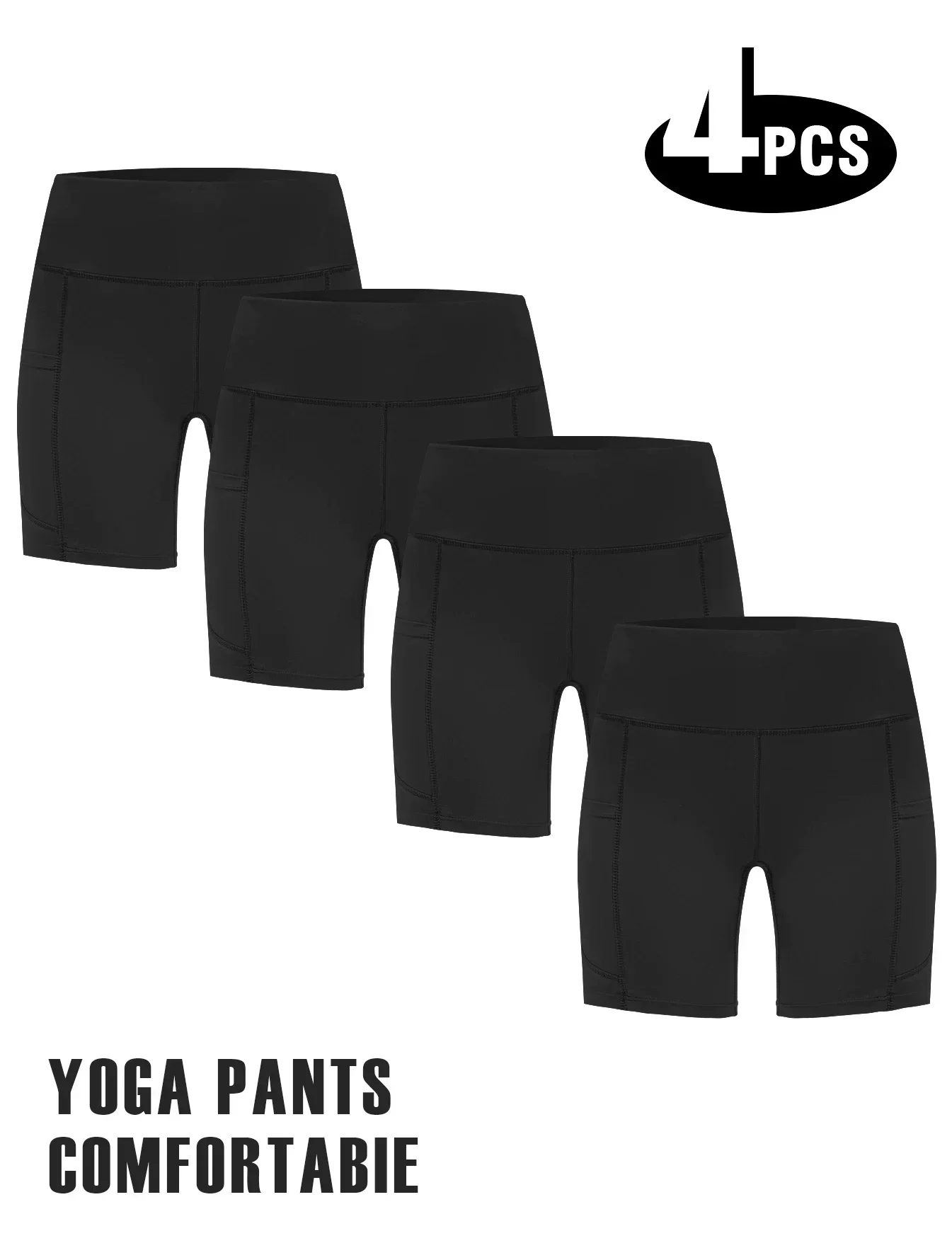

4 Packs Spandex Shorts for Women with Pockets, 3'' High Waisted Tummy Control Booty Yoga Shorts