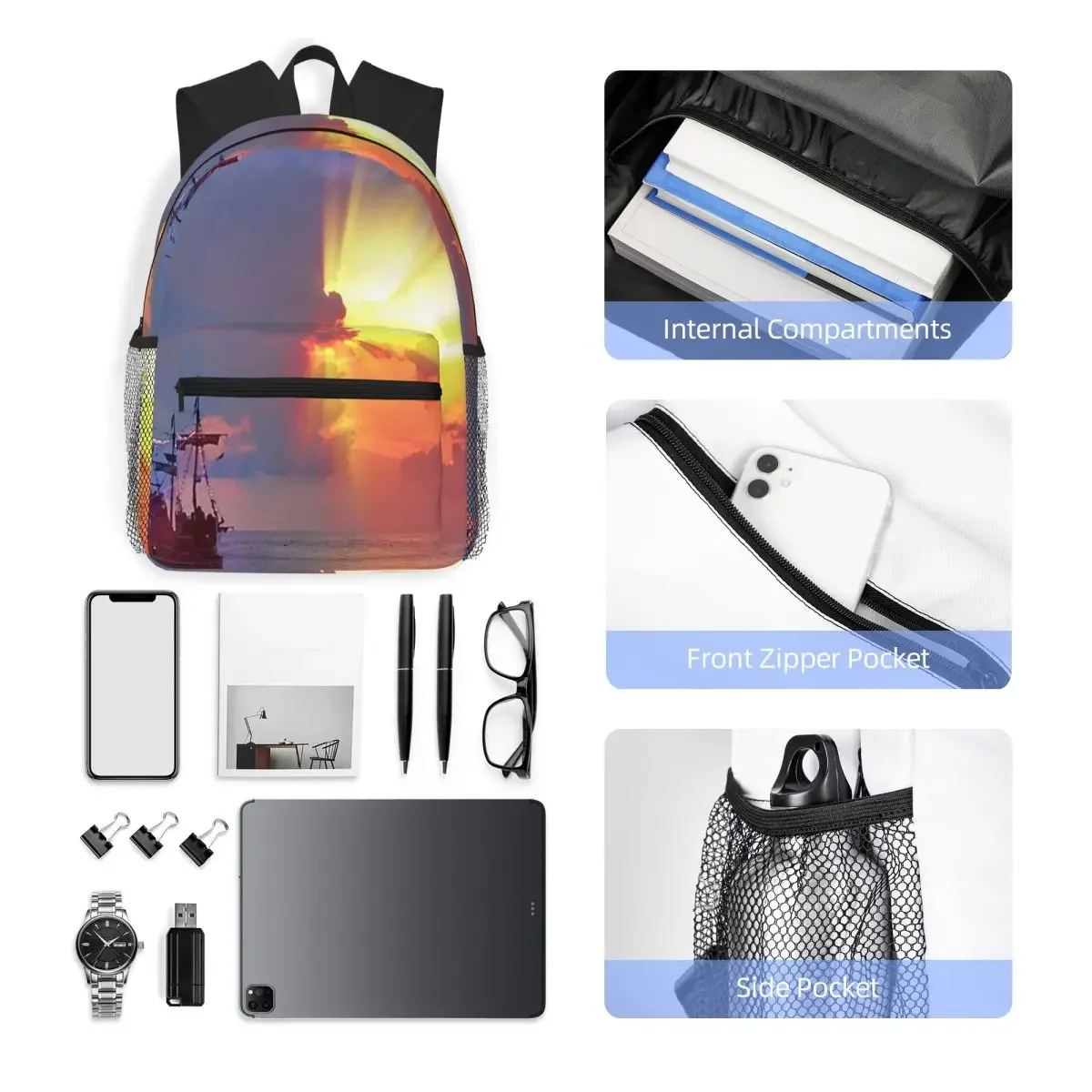 حقيبة ظهر Galleon At Sunset With Radiant Skies حقيبة ظهر ذات سعة كبيرة للأطفال حقيبة كتب مدرسية حقائب كتف للرجال والنساء #5