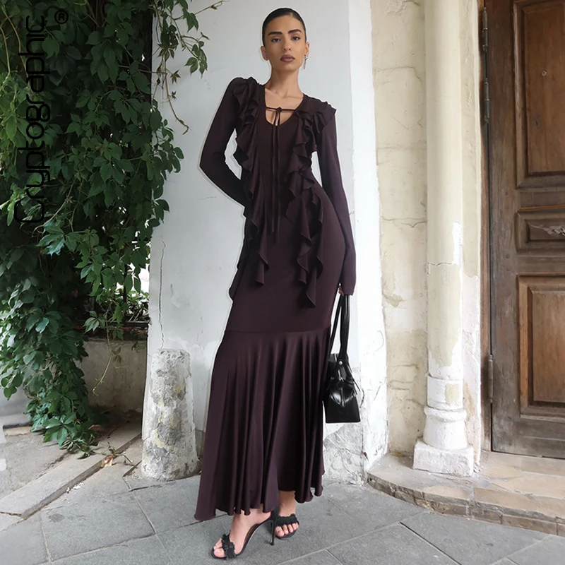 

Cryptographic Elegant Ruffled Detail Tie Front Maxi Dress Club Party Outfits Sexy Long Sleeve Birthday Holiday Dresses Robes