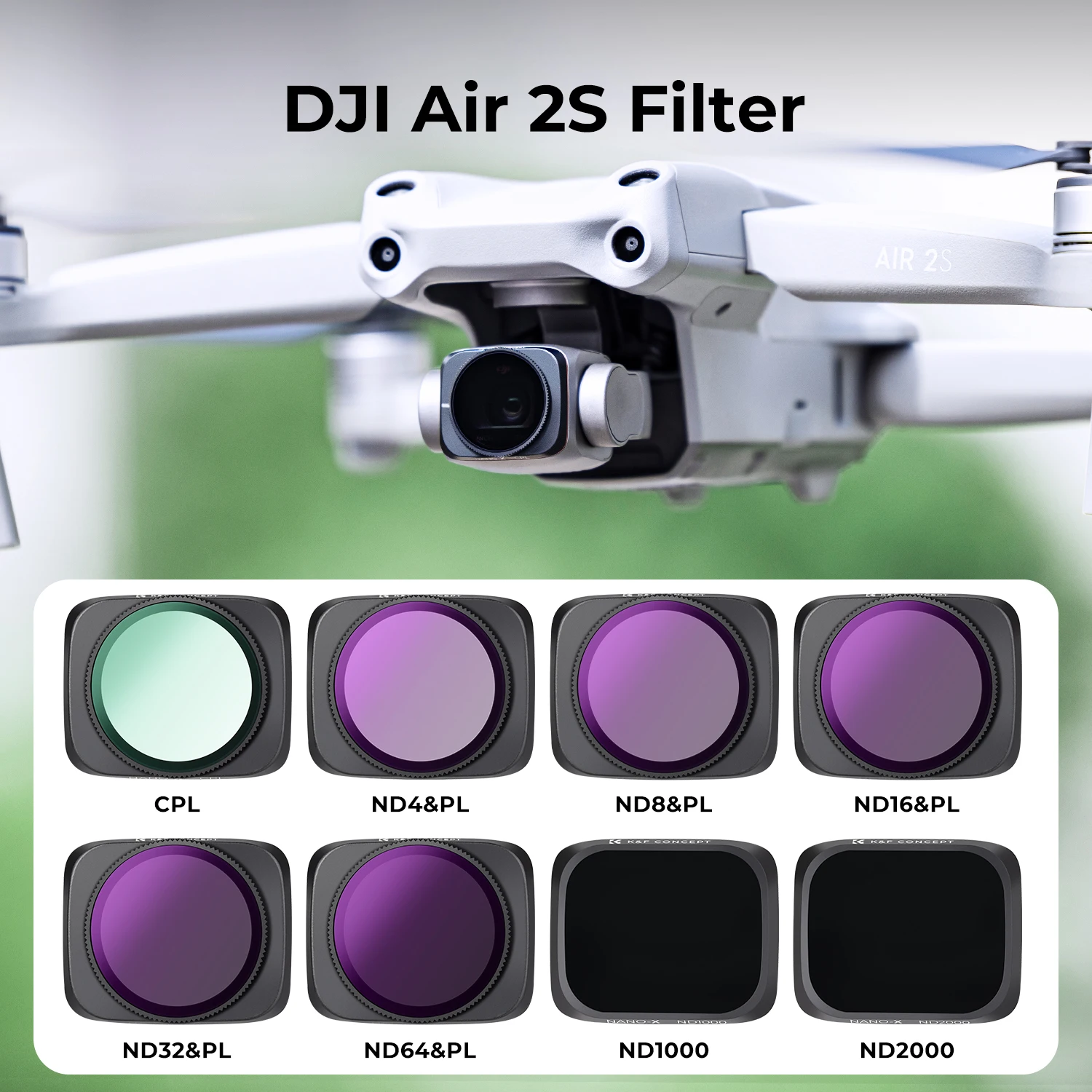 K & F 컨셉 드론 렌즈 필터 세트, 프로펠러 포함, DJI AIR 2S 필터, ND4 PL ND8 PL ND16 PL ND32 PL ND64 PL CPL ND1000 ND2000