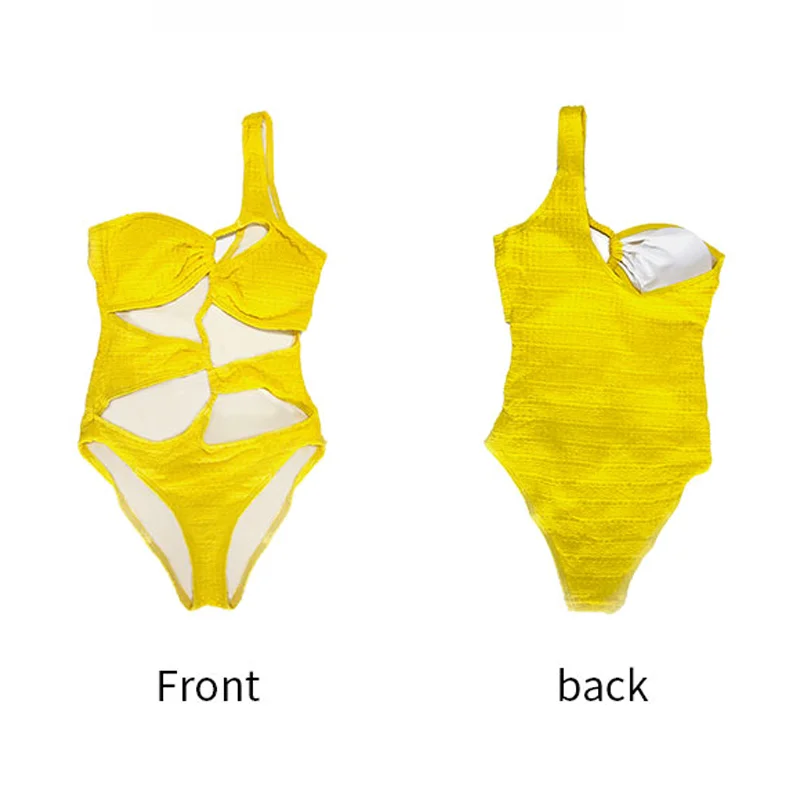 Bañador Sexy de una pieza con cordón para mujer, traje de baño amarillo con un hombro calado plisado, traje de baño para playa, Monokini Bandage 2024