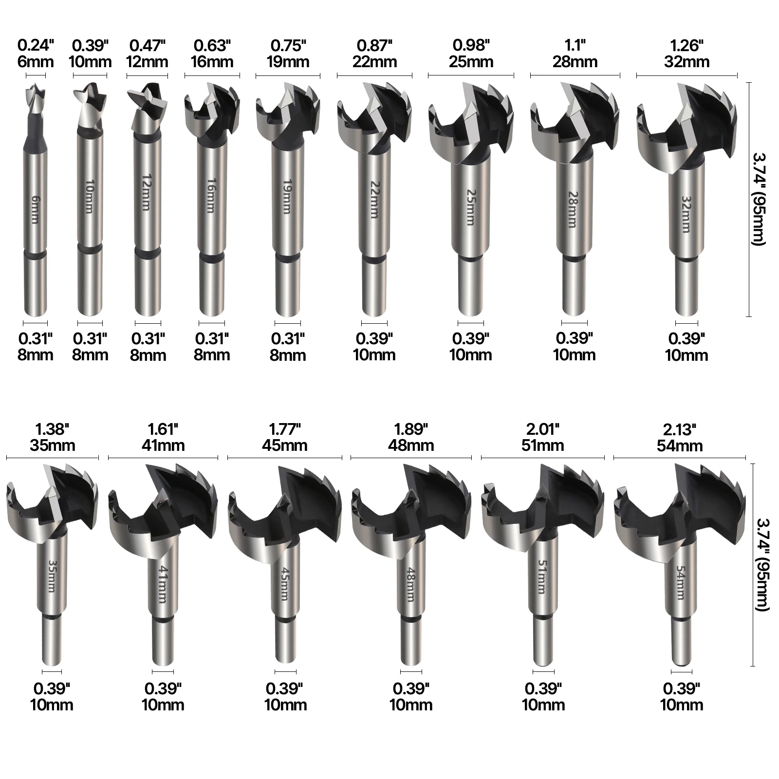 16PCS HCS Forstner Drill Bit Set 6-54mm Multi-Tooth Woodworking Tools with Round Shank Hole Saw Cutter Hinge Boring Drill Bits