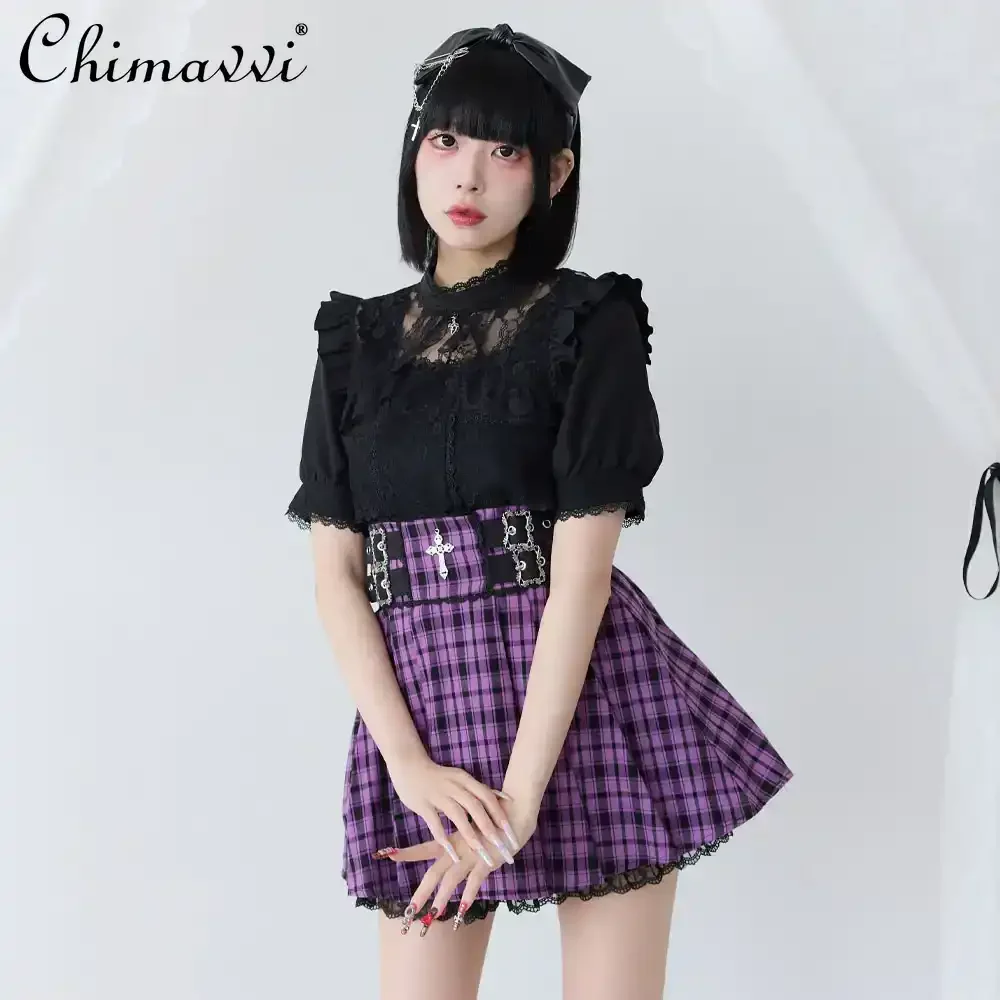 Japanese Mine Series Slim High Waist Pocket Retro Plaid Skirt New 2024 Summer Sweet Girls Lady Short Lolita Pleated Skirt Woman