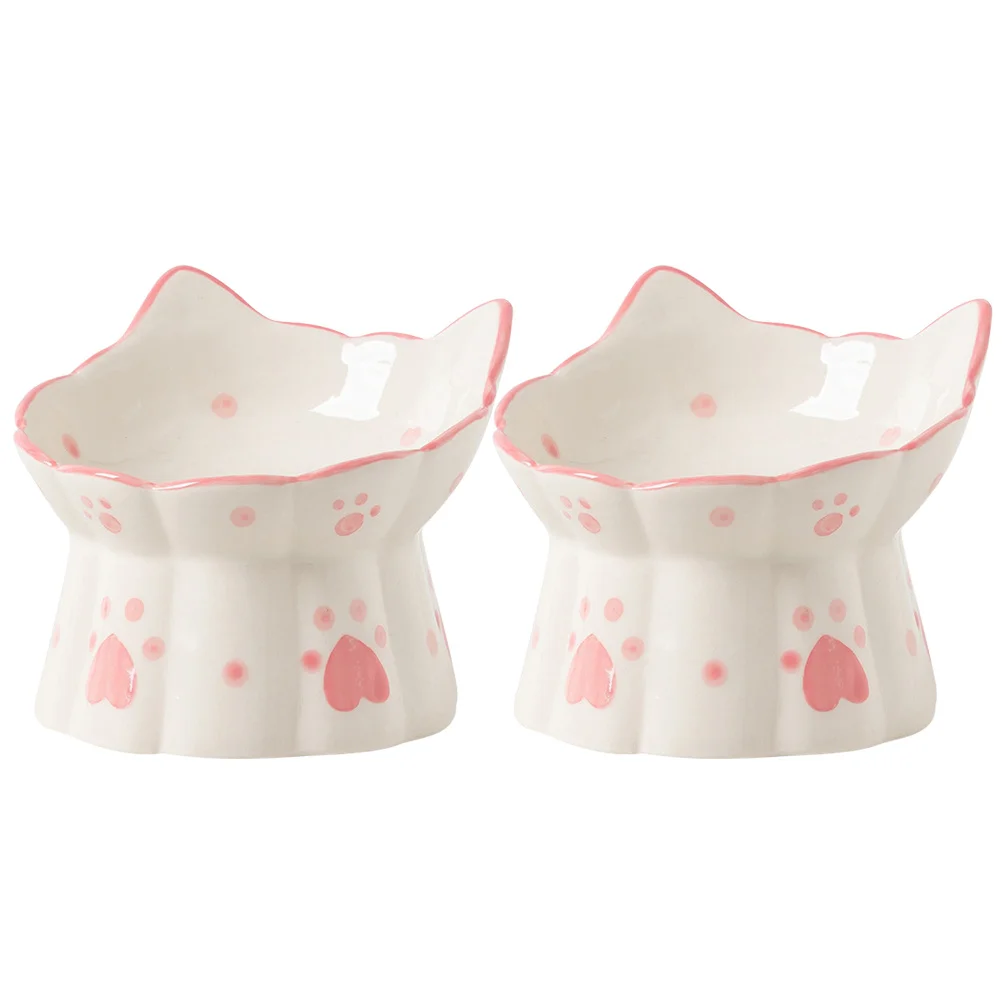 

2Pcs High Foot Neck Protection Cat Bowl Elevated Feeder Ceramic Pet Food Water Dish Anti-Skid Safe Round Design Easy Clean Gift