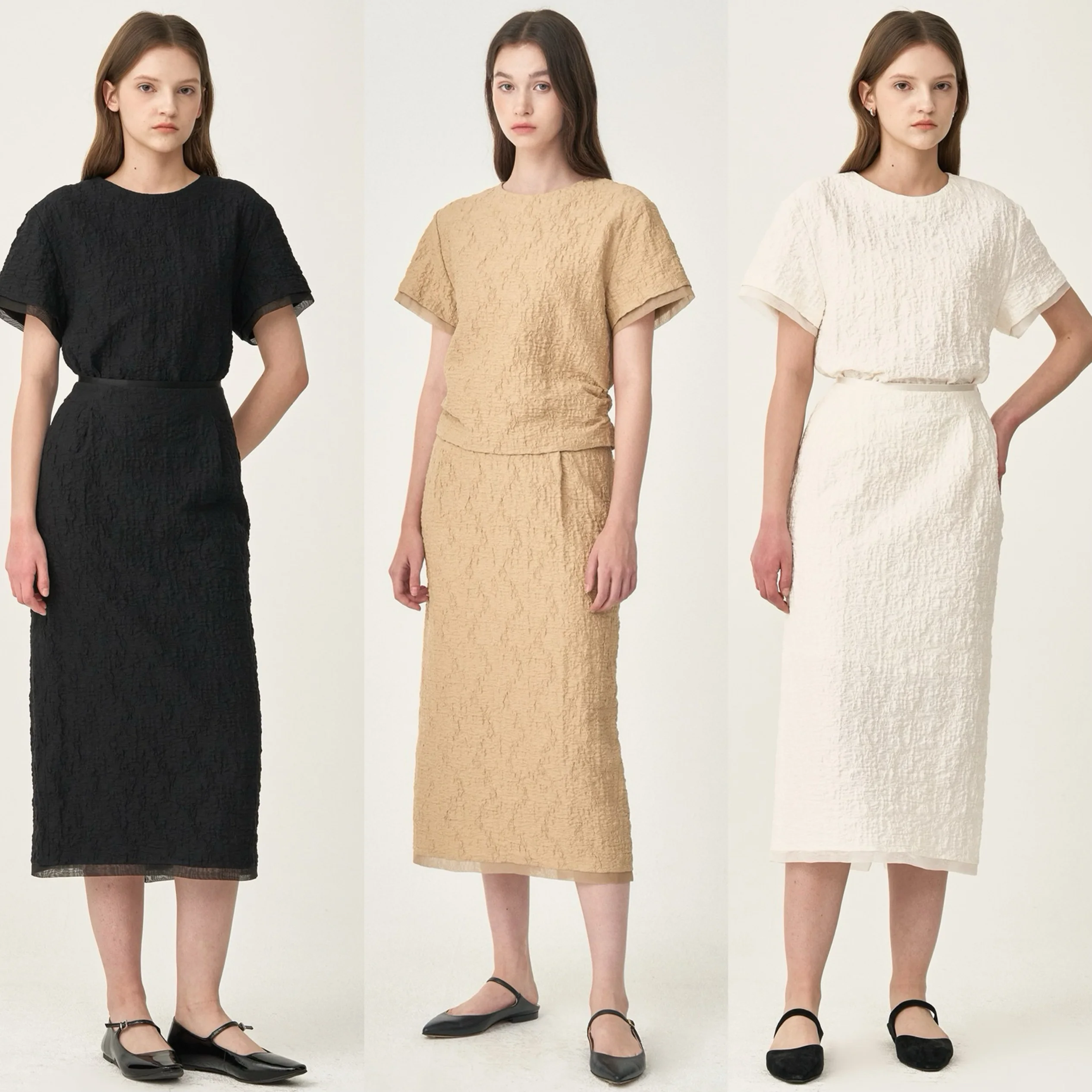 カジュアルな夏のスカートセット、伸縮性のあるウエスト、またはSveラウンドネの質感感覚とプリーツのディテールが特徴の女性用スカート