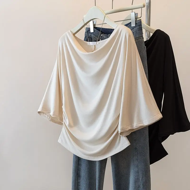 

Swinging Neck Short-sleeved T-shirt for Women Slim Top Summer Clothing Single-shoulder