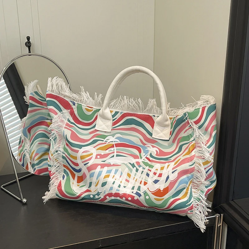

Women Fringed Canvas Tote Bag With Colorful Zebra Print Design Handbag Open Top Large Capacity Creative Practical Shopping Bag