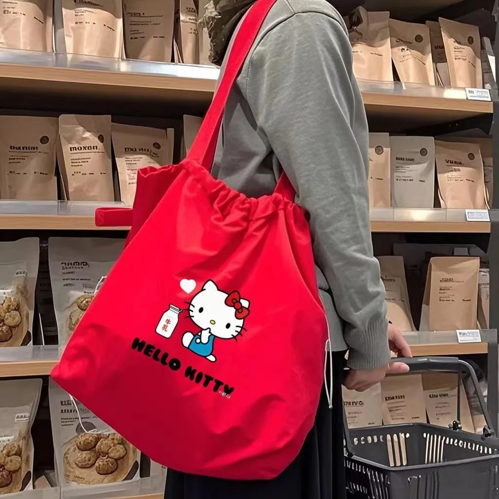 Hello Kitty Red Printed Womens Large Capacity Canvas Tote Bag Hand Carry Reusable Shopping Bag For Student School Commute Travel
