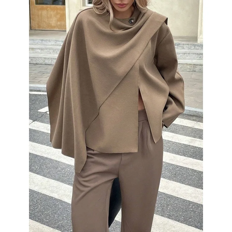 سترات نسائية بنية اللون معاطف خريف وشتاء غير منتظمة فضفاضة تناسب رقبة دائرية ملابس خارجية بأزرار حضرية غير رسمية ملابس نسائية 190985