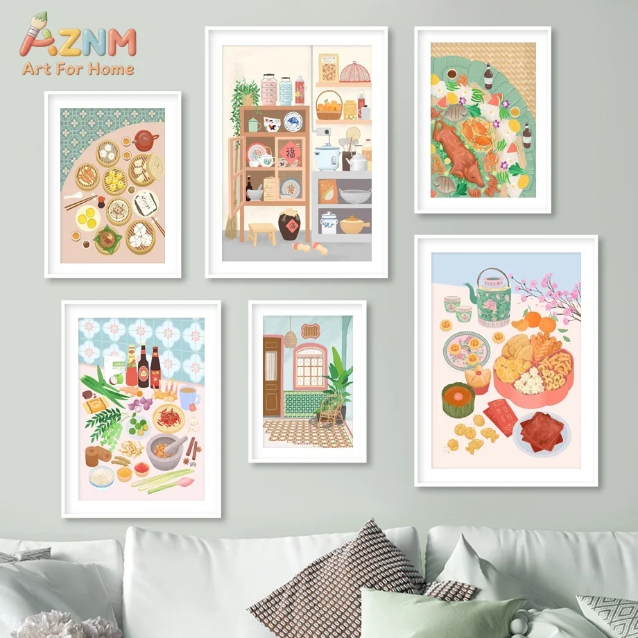 AZNM Cute Pastel Food Canvas Wall Art Asian Dim Sum Bakery Kitchen Nostalgic Shophouse Illustration Dining Room Unframed Canvas