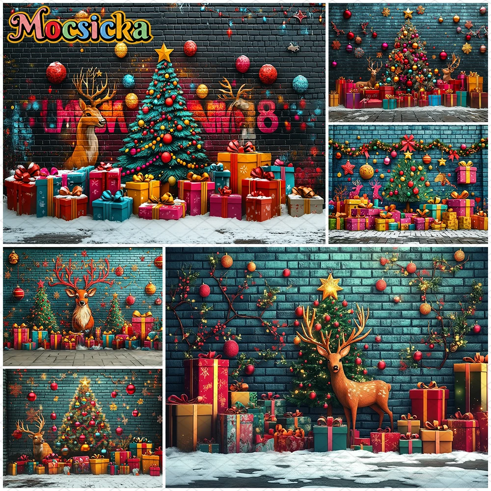 

Mocsicka Christmas Background Photography Happy New Year Party Xmas Tree Graffiti Wall Decoration Child Photo Backdrop Wallpaper