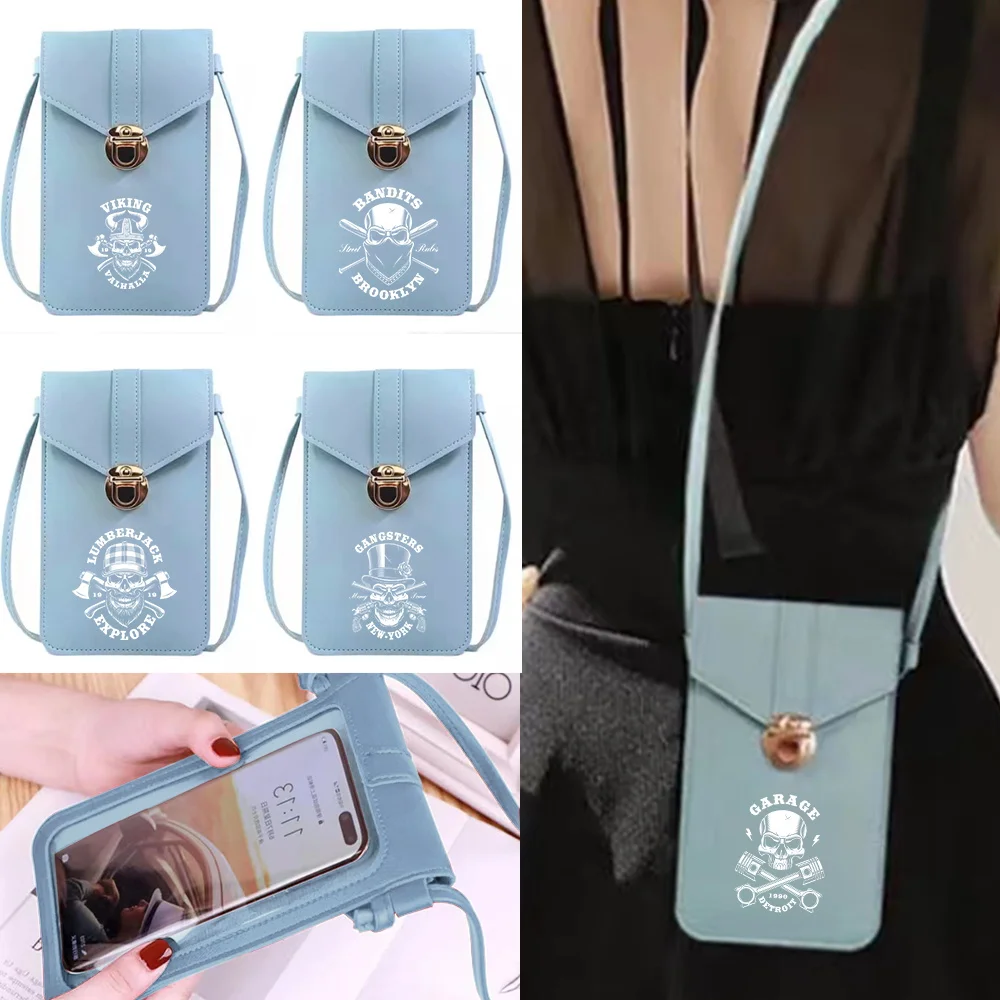 Fashion Shoulder Bags for Women Luxury Handbags Universal Touch Screen Cell Phone Case Cover Crossbody Bag Wallet Skull Print