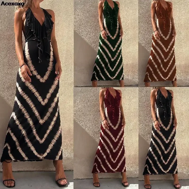 

2023 summer new women's fashion casual print sleeveless halving waist slim temperament V-neck A-line skirt