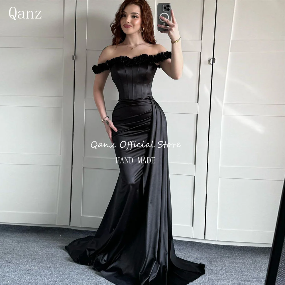 Qanz Black Handmade Flowers Evening Dresses Off the Shoulder Mermaid Sexy Lace Up Customized Vestidos Para Eventos Especiales