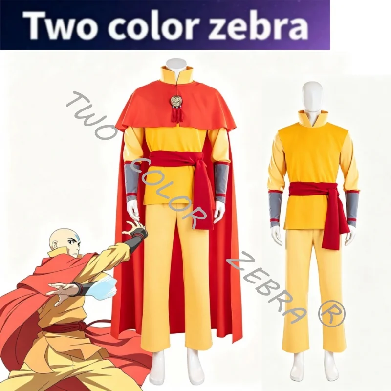 Disfraz de Cosplay de Avatar Aang del Anime Avatar: The Last Airbender, Uniforme de Monje Amarillo con Capa Roja, Conjunto Completo para Juego de Rol de Halloween
