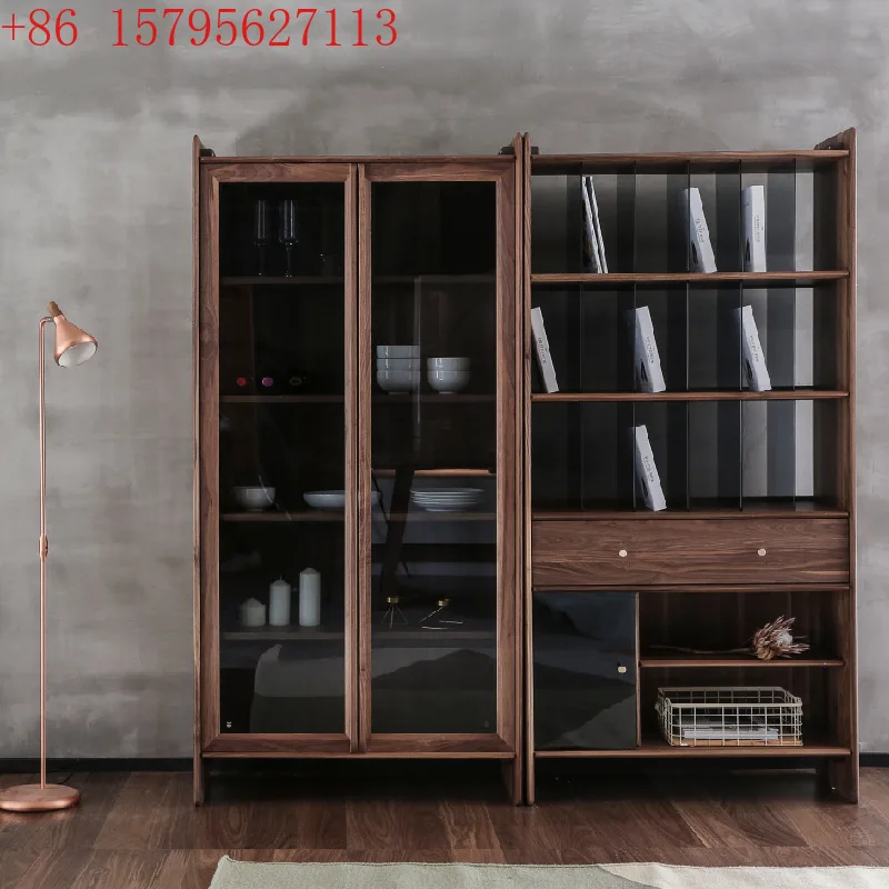 Solid wood bookcase New Chinese black walnut glass door bookcase Living room Bedroom Simple wall combination cabinet Locker