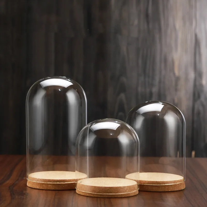 Small Packing Diameter=12cm Different Height Cork Base Cylinder Shape Glass Dome Home Decoration Friend Gift Wedding Prop