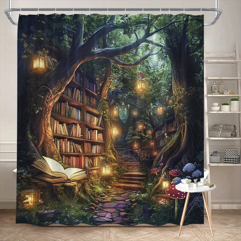 Cortina de ducha de biblioteca de bosque mágico: diseño de linternas, libros y caminos, decoración de baño caprichosa, lavable a máquina
