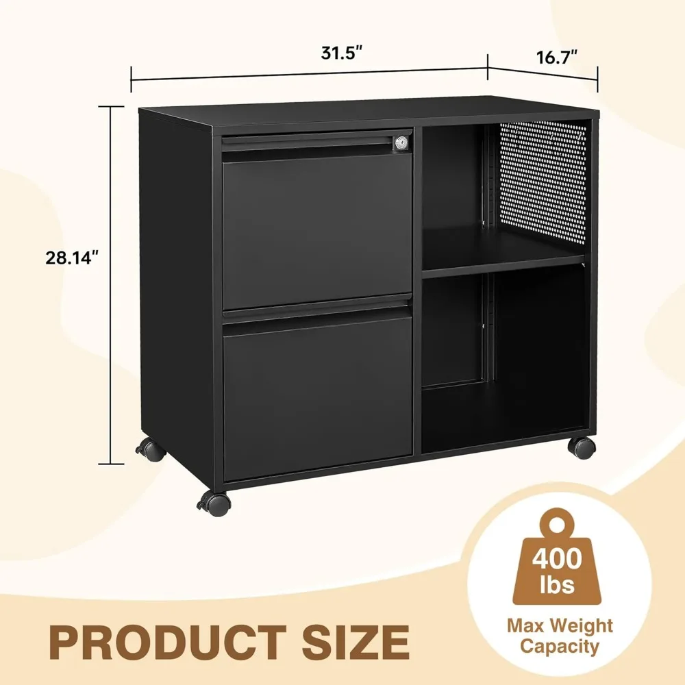 Lateral 2 Drawer Filing Cabinet with Lock, Mobile File Cabinet on Wheels, Printer Stand with Storage for Legal/Letter/A4 File Fo