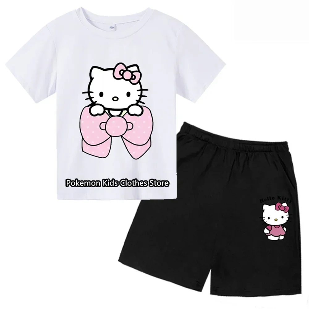 Kawaii Hello Kitty Tshirt SetGirls Fashion Boys Sonic Clothes Anime Cartoon Kids Pokemon T-Shirt Sets Casual Stitch Tops