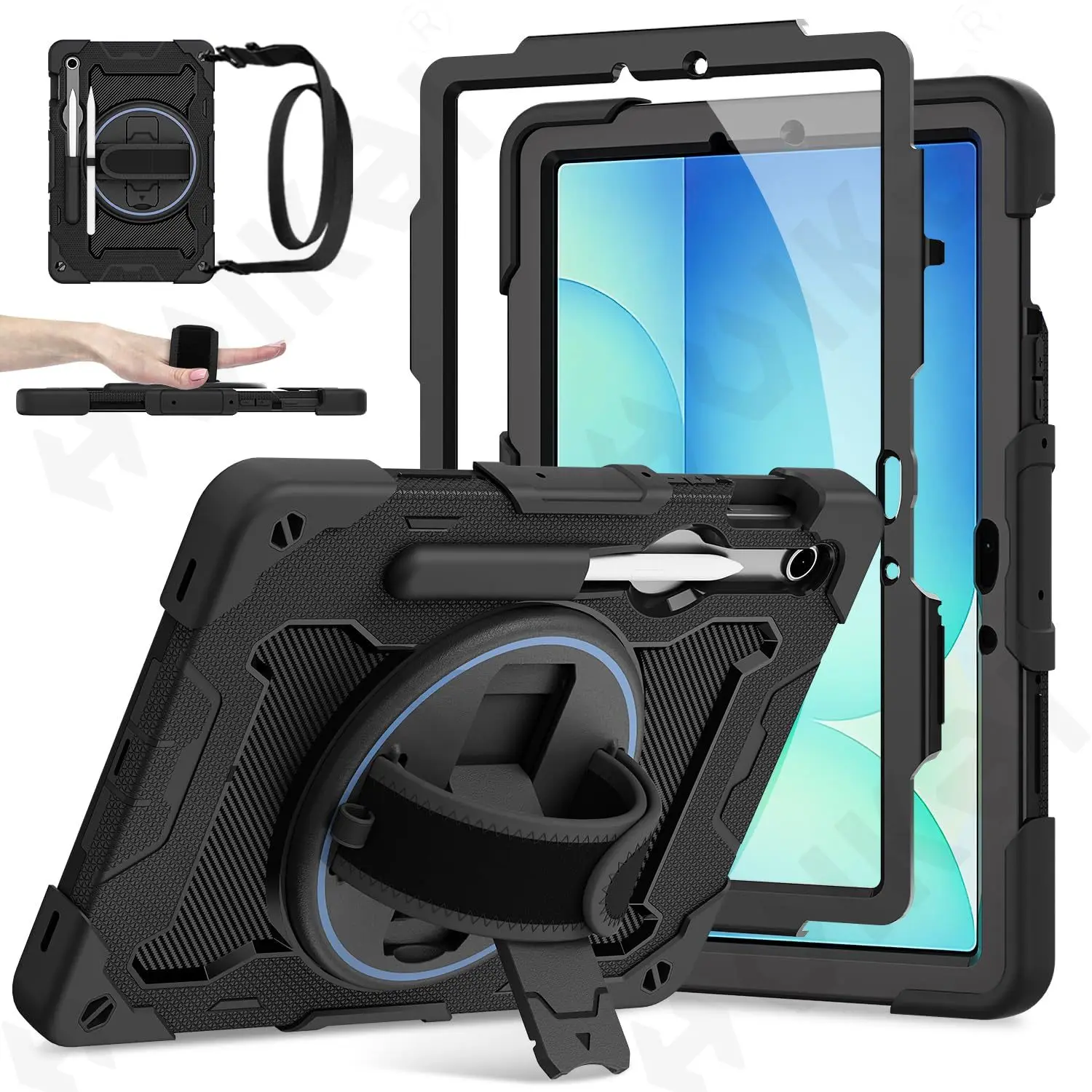 Case for Samsung Tab S10 Lite S10 FE S9 FE S9 Tablet Heavy Duty Shockproof Protective Rotating Stand Hand Strap Pen Holder Black