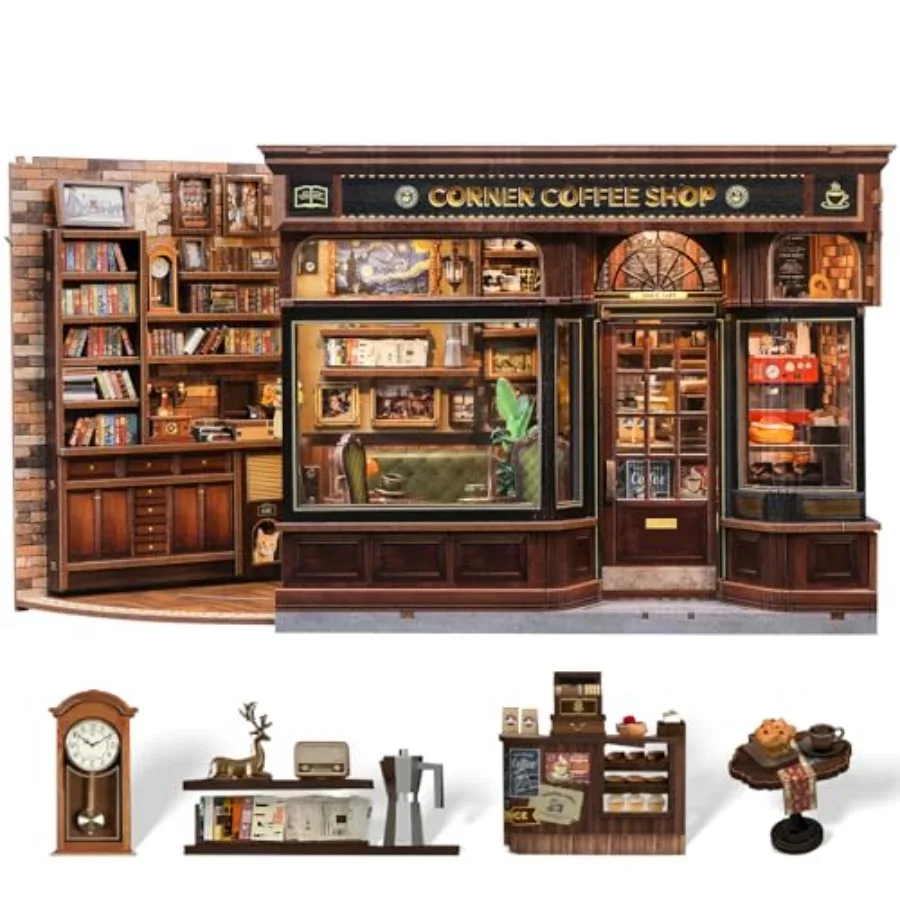 

Corner Coffee Shop DIY Miniature House 3D Wooden Puzzle Kit for Adults Book Nook Tiny House Bookshelf Decor Wooden Coffee Shop