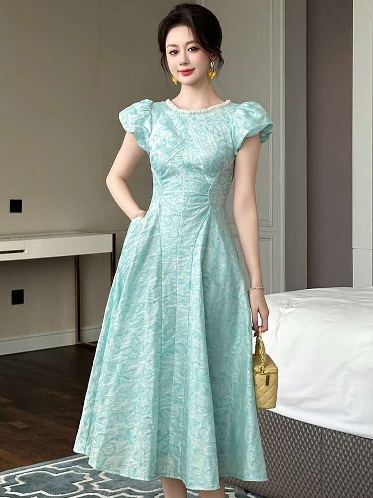 Frauen Kleidung Kleid Abend Süße Jacquard Kurzarm Korsett Schlank A-Line Lange Kleid Elegante Party Prom Vestidos Robe Sommer Neue