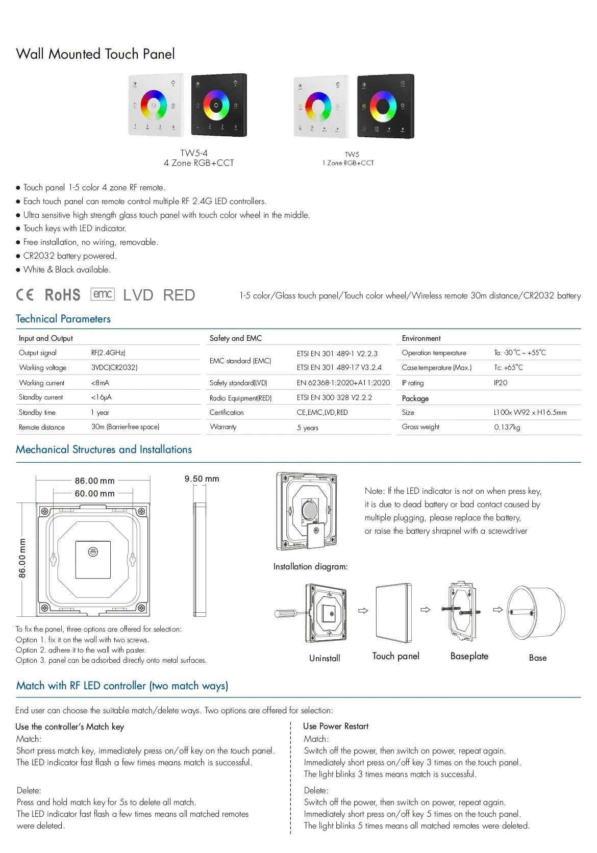 Telecomando per pannello tattile a parete Skydance DC12V-24V CCT/RGB/RGBW/Dim interruttore Dimmer RF per lampada a strisce LED RGB