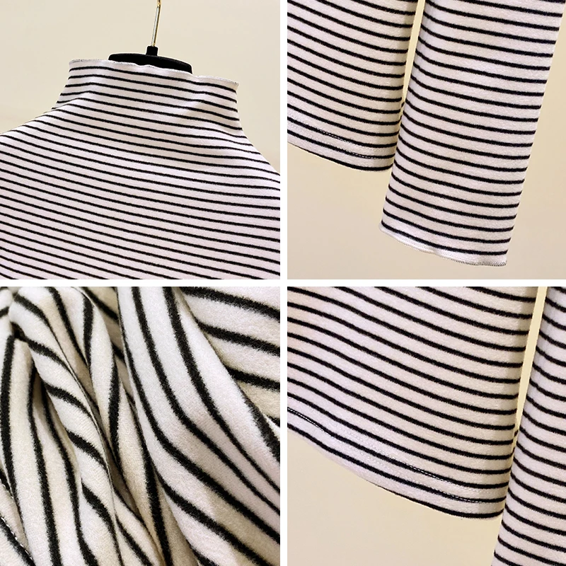 Winter Fall Knit T-shirt Hot Sell Long Sleeves Stand Collar Long Sleeves Stripe Printing Warm Women Top