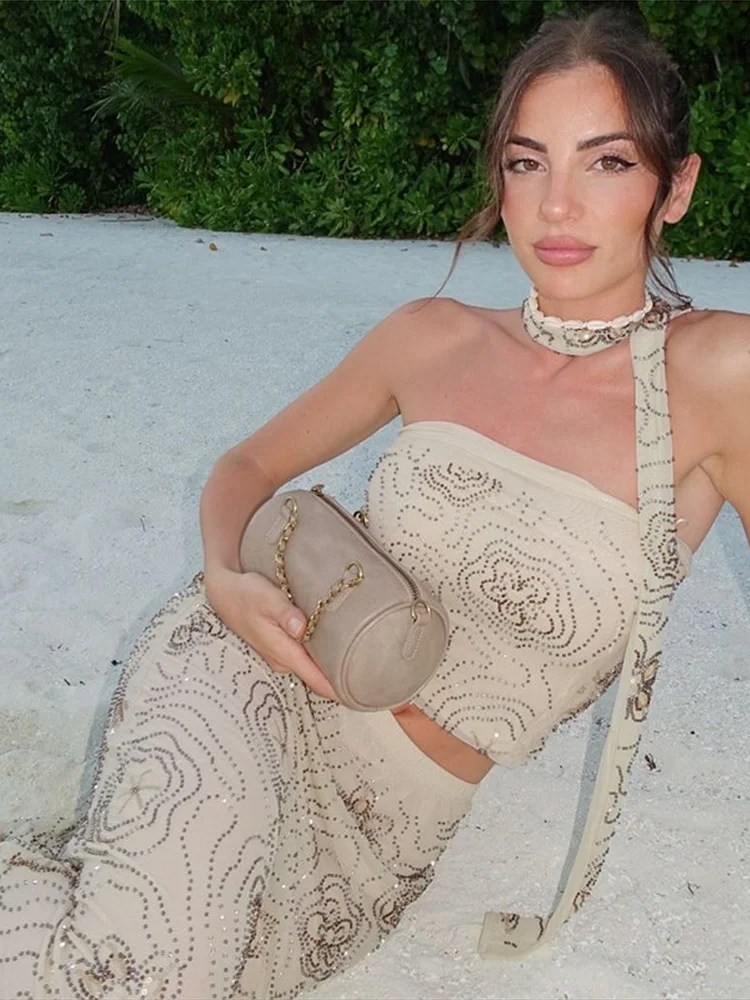 Pakaian Rok Panjang Manik-manik Setelan Atasan Syal Ramping Tanpa Tali Wanita Set Pinggang Tinggi Chic Fashion Musim Semi Musim Panas Wanita 2 Potong