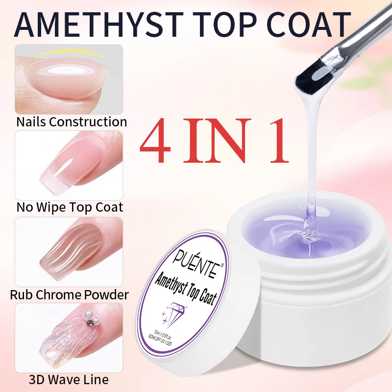 PUENTE 15ml Non-Wipe Amethyst Top Coat Super Bright For Nail Contrusion 3D Wave Line Chrome Design Soak Off UV Gel Nail Polish