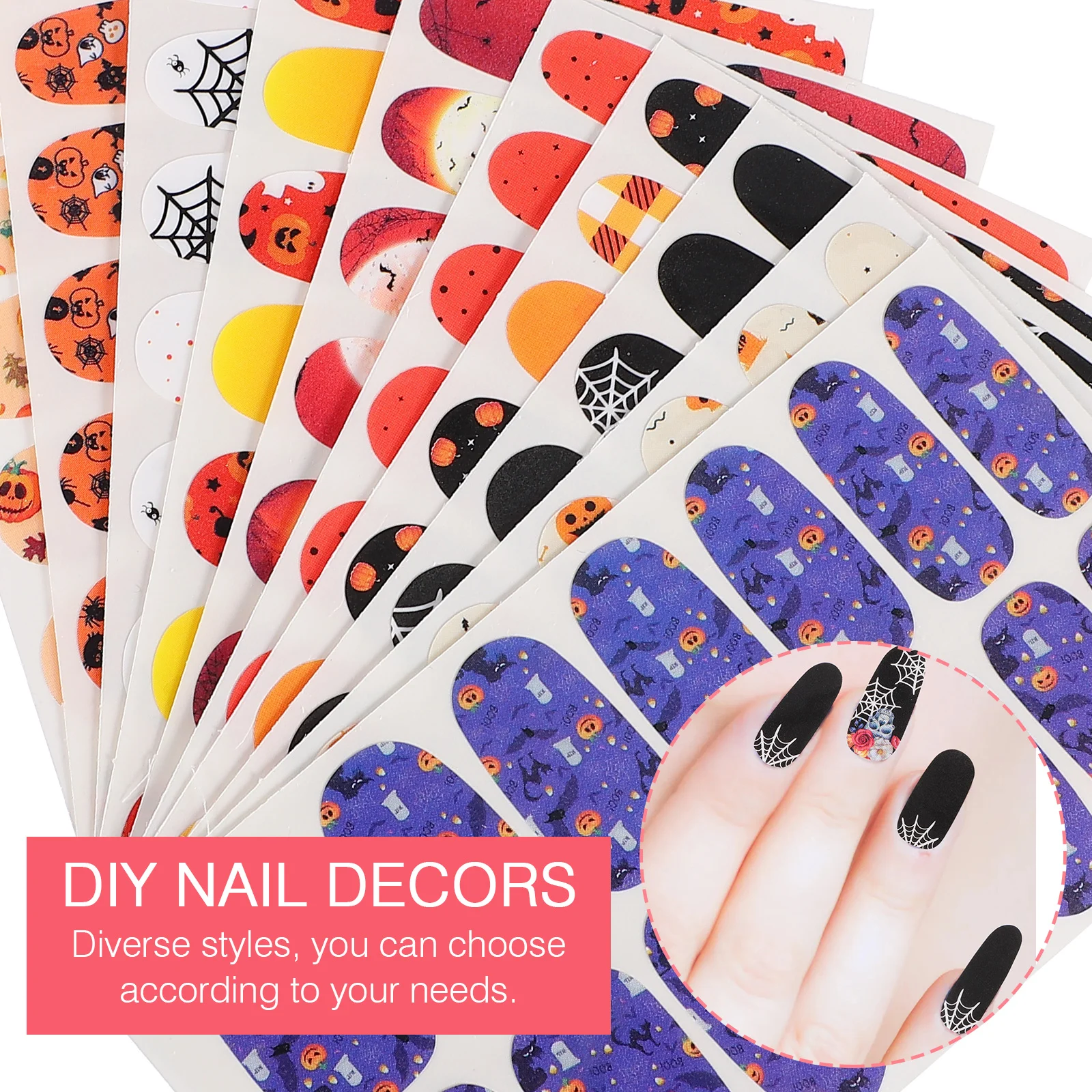 10 Sheets Halloween Nail Stickers Fake Decals False Women Ultra Thin Manicure