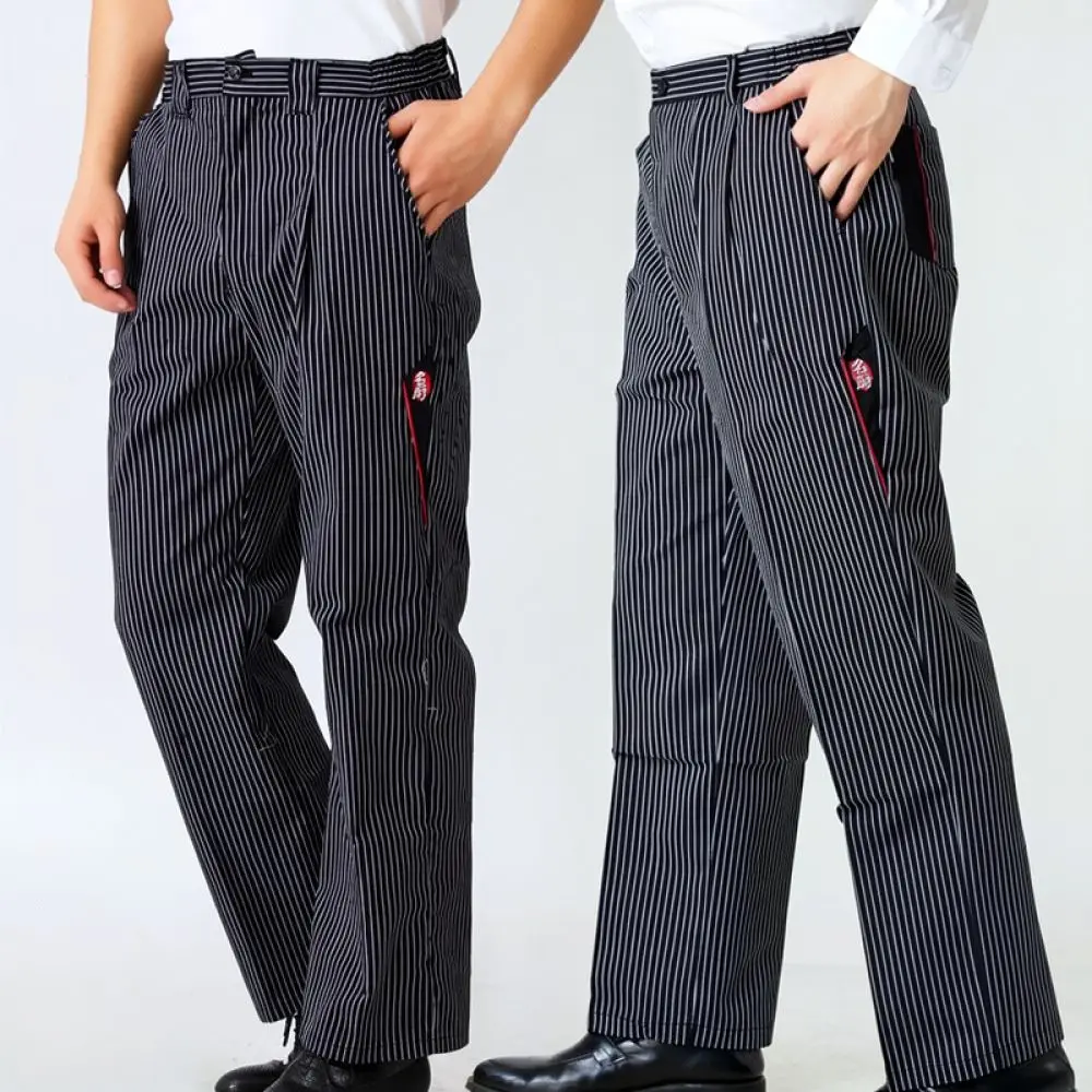 Mens Chef Uniform Trousers Striped Elastic Waist Kitchen Work Pants Professional Catering Apparel For Restaurant